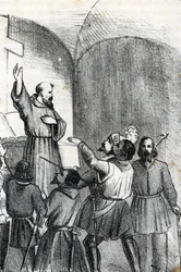 Quarta Guerra Veno-Otomana: a Igreja chamando a vencer os muçulmanos na véspera da batalha naval de Lepante que despertou em 7 de Outubro de 1571 no Golfo de Patras, Grécia (coligação cristã na véspera da batalha de Lepanto durante o OtomanoðVeneti