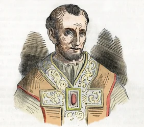 Idade Média: representação do Papa Nicolau I o Grande (Nicola I, Nicolau ou Nicolo ou Niccolo ou Nicolaus) (858-867) desenho de "I misteri del vaticano" de Franco Mistrali 1843