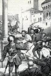 Penitência de Raimundo VI, conde de Toulouse - Em 22/06/1209 Raimundo VI, conde de Toulouse, é excomungado pelo papa Inocêncio III (Milon, legado do papa) por não perseguir os cátaros, acusado de ser o instigador do assassinato de Pierre de Castelnau