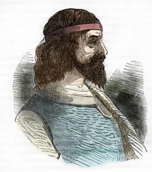 Retrato de Odoacro (Odovacar), líder dos hérulos, aliados dos hunos, e ministro de Átila (435-493) (Odoacer ou Flavius Odovacer), desenho de «I misteri del Vaticano» de Franco Mistrali, 1843
