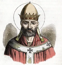Retrato do Papa Damasco I (Papa Damasco) (305-384) desenho de "I misteri del vaticano" de Franco Mistrali 1843