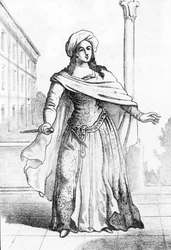 Retrato da jovem romana Beatrice Cenci (1577-1599), acusada do assassinato do pai Francesco Cenci em 1598 (Retrato da jovem nobre romana Beatrice Cenci que assassinou o pai, o conde Francesco Cenci, em 1598). Gravura de «I misteri del va»