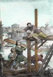 Refugiados caçados pelos hunos de Átila instalam as fundações da cidade de Veneza, século V (Fundação de Veneza pelos refugiados caçados pelo bárbaro de Átila, século V) Desenho de "I misteri del vaticano" de Franco Mistrali 1846