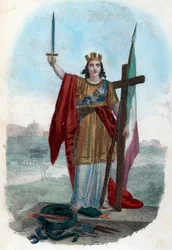 Risorgimento: Representação alegórica da Itália triunfante de pé sobre a serpente da igreja corrompida e erguendo uma espada com uma cruz e uma bandeira, símbolos do risorgimento político, religioso e civil) Frontispice pneu de "I misteri del vaticano" por