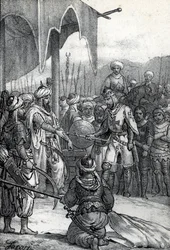 Sétima Cruzada: O rei Luís IX foi feito prisioneiro na Batalha de Fariskur a 6 de Abril de 1250 (Sétima Cruzada): Rei Luís IX prisioneiro na Batalha de Fariskur, 6 de Abril de 1250) Desenho de "Misteri del Vaticano" de Franco Mistrali