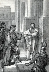 O arcebispo Santo Ambrósio de Milão (Aurelius Ambrosius, Ambrogio di Milano (340-397) proibiu a entrada da igreja ao imperador romano Theodosius I (Flavius Theodosius) (347-395) para o castigar pelo massacre de Tessalónica em 390 - Excommunicati