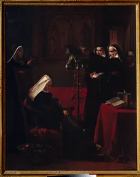 Freiras Verde Verde a dar comida ao papagaio de uma freira adormecida. Pintura de François Marius Granet (1775-1849)