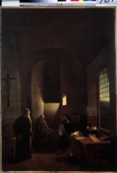 "O astrônomo italiano Galileu Galilei (Galileia) (1564-1642) em sua cela em Florença durante a Inquisição" Pintura de François Marius Granet (1775-1849) Museu Hermitage do século XIX, São Petersburgo