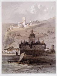 Chateau a Pfalz, Alemanha. Em "O monumental e pitoresco Reno". Litografias de Fourmais e Stroobant