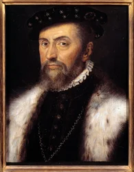 Retrato de Anne Duc de Montmorency (1492-1567) Connetable da França. Atelier de Francois Clouet (1515-1572), v. 1555. Óleo sobre madeira. Dim: 0,32 x 0,28m. Óleo sobre madeira.