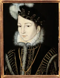 Retrato de Carlos IX, Rei de França (1550 - 1574). Atelier de Francois Clouet (1515-1572), v. 1555. Óleo sobre madeira. Dim: 0,32 x 0,23m. Óleo sobre madeira. - Retrato de Carlos IX, Rei de França (1550-1574). Workshop de François Clouet (1515-1572), cerca