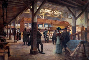 Workshop dos irmãos Gabriel e Charles Voisin (1880-1973 e "1882-1912), pioneiros da aviação, em 1908 em Boulogne Billancourt" (óleo sobre tela)