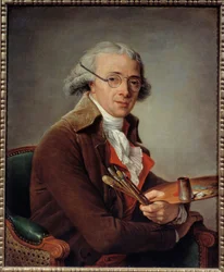 Retrato do pintor François Andre Vincent (1746-1816) O artista segura sua paleta e usa óculos. Pintura de Adelaide Labille Guiard (1749-1803) Sol do século XVIII. 0,73x0,59 m - Retrato do pintor François Andre Vincent (1746-1816). O artista