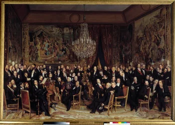 Noite no Louvre com o Conde de Nieuwerkerke Entre os presentes: François Marcellin Certain de Canrobert (1809-1895), Eugene Delacroix (1798-1863), Camille Doucet (1812-1895), Jacques Fromental Levy dit Halevy (1799-1862), Barão Georges Haussmann (