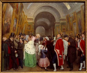 Quatro horas no encerramento do Salão da exposição anual de pintura na Grande Galeria do Louvre. Pintura de François Auguste Biard (1798-1882) 1847 Sol. 0,57x0,67 m