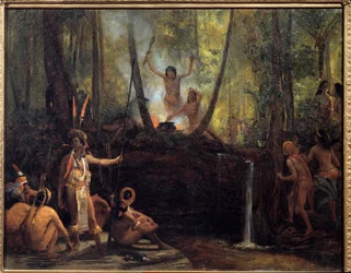 O fabrico de curare na floresta brasileira. Extracção de curare, uma substância obtida das lianas de árvores amazónicas que causa paralisia. Pintura de François Auguste Biard (1799-1882), século XIX. La Rochelle, Musée du Nouveau Monde