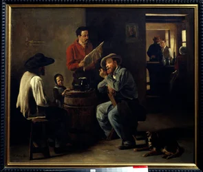 Interior do cabaré Dois homens sentados numa taverna ouvem a leitura do jornal. Pintura de François Bonvin (1817-1887) 1859 Arras, Musee des Beaux Arts.