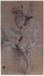 Academia de um homem nu sentado Desenhar a la sanguine por François Boucher (1703-1770) Paris do século XVIII, Musee du Louvre