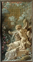 Painel da porta da sala Demarteau: fonte com dois amores, um dos quais é deitado. Pintura de François Boucher (1703-1770)