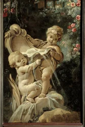 Painel da porta da sala Demarteau: fonte com dois amores, um dos quais ajoelhado. Pintura de François Boucher (1703-1770)