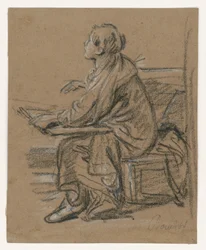 Jovem desenhista () . Figura sentada, segurando uma pasta no colo