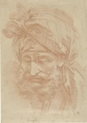 Cabeça de um oriental barbudo com turbante, vista de frente, olhando para baixo