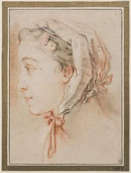 Cabeça de mulher, de perfil, com gorro