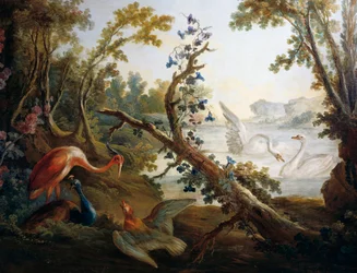 Paisagem com cisnes, ca. 1765, de François Boucher (1703-1770), Jean-Baptiste Huet (1745-1811) e Jean Honore Fragonard (1732-1806), detalhe da parede norte do Salão Demarteau, Paris, França, França