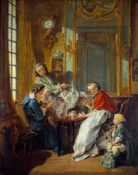 Cena de almoço em um interior burguês. Pintura de François Boucher (1703-1770) 1739 Sol. 0,81x0,65 m