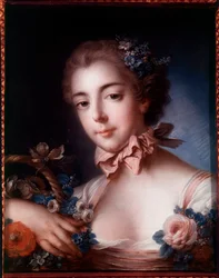 Retrato de uma jovem mulher encostada a um cesto de flores. Pintura em pastel de François Boucher (1703-1770)