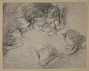 Seis cabeças de anjo entre as nuvens