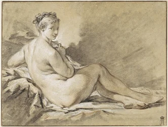 Estudo de nu feminino - François Boucher (1703-1770). Sanguínea, giz preto e branco sobre papel