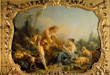 O cenário pastoral complacente. Pintura de François Boucher (1703-1770) 1737 Paris, arquivos nacionais