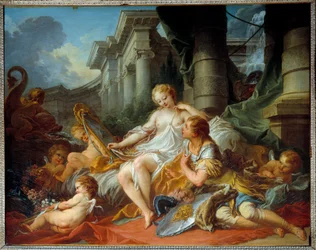 O amor de Renaud e Armide Ilustração de uma cena de "La Jerusalem delivree" (La gerusalemme liberata) de Torquato Tasso (conhecida como a Caneca). O encantador Armide rodeado de um seduto muito simbólico Amours com a ajuda do seu espelho mágico o cavaleiro