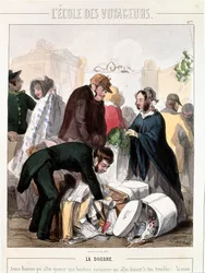 Alfândega. O controle aduaneiro do dote de um heritiere que ia casar com um jovem. Gravura a cores por François Bouchot (1800-1842), por volta de 1830. Paris, Musee Carnavalet