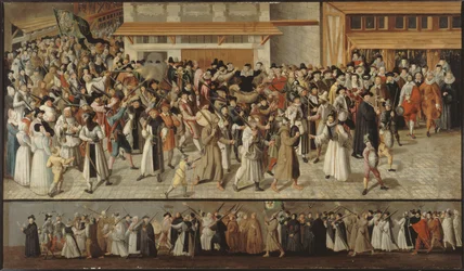Procissão da Liga na Île de la Cité, saindo de Notre-Dame, ca. 1590 (óleo)