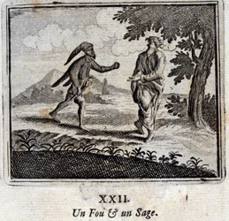 Um Louco e um Sábio. Fábulas de Jean de La Fontaine (1621-95). Ilustração de François Chauveau (1613-1676). Edição de 1728.
