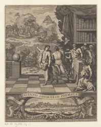 Figura feminina alegórica aponta jovem para o Monte Parnaso Página de rosto para: Jean de Saint-Genies, Ioannis Sangenesii Poëmata, 1654