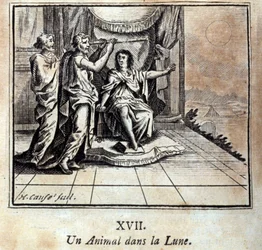 Um animal na lua. Fábulas de Jean de La Fontaine (1621-95). Ilustração de François Chauveau (1613-1676). Edição de 1728.