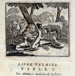 Animais doentes com a peste. Fábulas de Jean de La Fontaine (1621-95). Ilustração de François Chauveau (1613-1676). Edição de 1728.