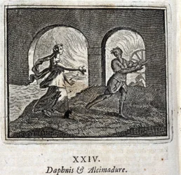 Daphnis e Alcimadura. Fábulas de Jean de La Fontaine (1621-95). Ilustração de François Chauveau (1613-1676). Edição de 1728.