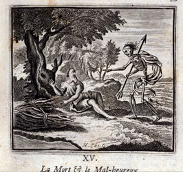 A Morte e os Infelizes. Fábulas de Jean de La Fontaine (1621-95). Ilustração de François Chauveau (1613-1676). Edição de 1728.