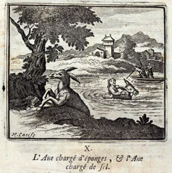 Burro cheio de esponjas, e burro cheio de sal. Fábulas de Jean de La Fontaine (1621-95). Ilustração de François Chauveau (1613-1676). Edição de 1728.