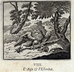 Águia e caracol. Fábulas de Jean de La Fontaine (1621-95). Ilustração de François Chauveau (1613-1676). Edição de 1728.