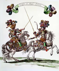 Equador indiano e página durante o carrossel dado pelo Rei Luís XIV (1638-1715) em 1662 aos Tuileries para celebrar o nascimento do Delfim. Gravura de François Chauveau (1613-1676) Coleção Privada do século XVII