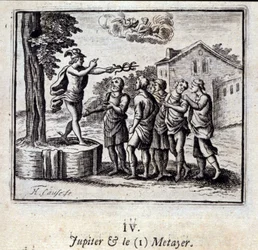 Júpiter e o Metayer. Fábulas de Jean de La Fontaine (1621-95). Ilustração de François Chauveau (1613-1676). Edição de 1728.