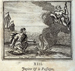Júpiter e o Passageiro. Fábulas de Jean de La Fontaine (1621-95). Ilustração de François Chauveau (1613-1676). Edição de 1728.