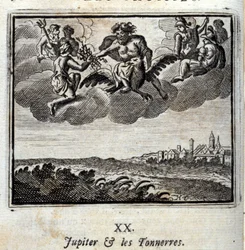 Júpiter e os Thunners.Fables de Jean de La Fontaine (1621-95). Ilustração de François Chauveau (1613-1676). Edição de 1728.