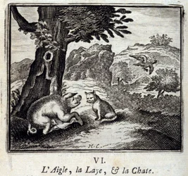 A águia, a javalina e a gata. Fábulas de Jean de La Fontaine (1621-95). Ilustração de François Chauveau (1613-1676). Edição de 1728.
