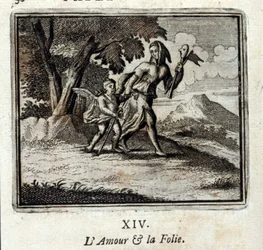 O amor e a loucura. Fábulas de Jean de La Fontaine (1621-95). Ilustração de François Chauveau (1613-1676). Edição de 1728.